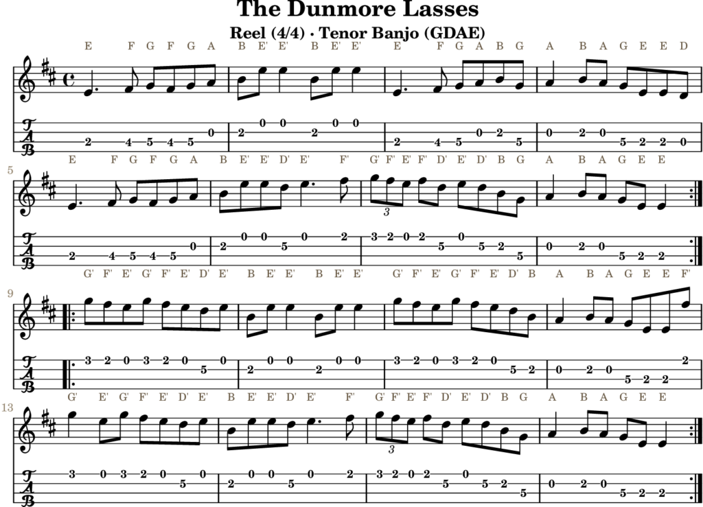 The Dunmore Lasses in E Dorian — Reel | Tenor Banjo TAB & D Whistle Fingering
