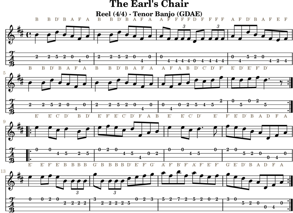 The Earl’s Chair in D Major — Reel | Tenor Banjo TAB & D Whistle Fingering