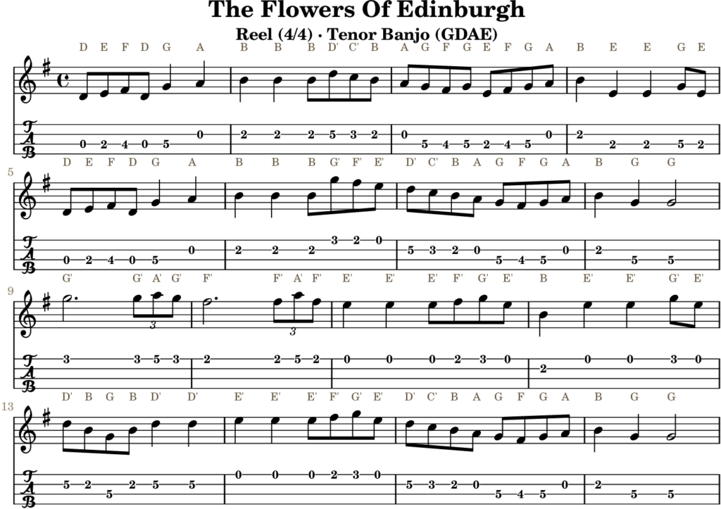 The Flowers Of Edinburgh in G Major — Reel | Tenor Banjo TAB & D Whistle Fingering