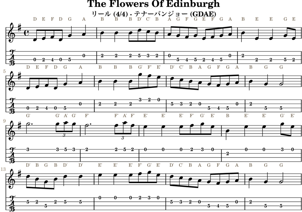 The Flowers Of Edinburgh(Gメジャー・Reel)|バンジョーTABとD管ホイッスル運指