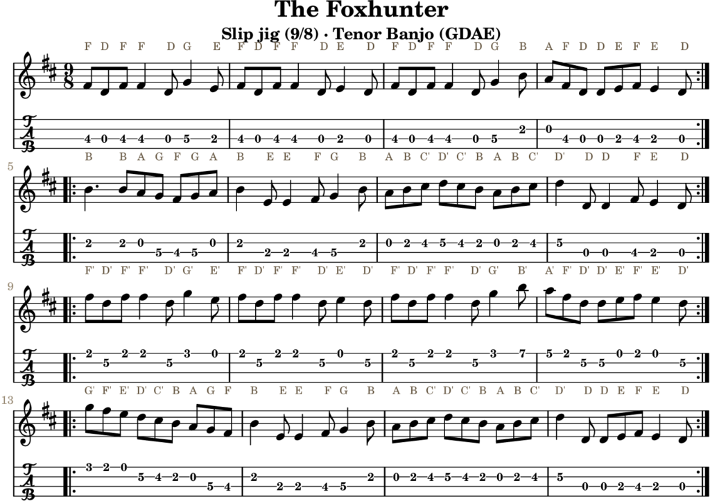 The Foxhunter in D Major — Slip Jig | Tenor Banjo TAB & D Whistle Fingering