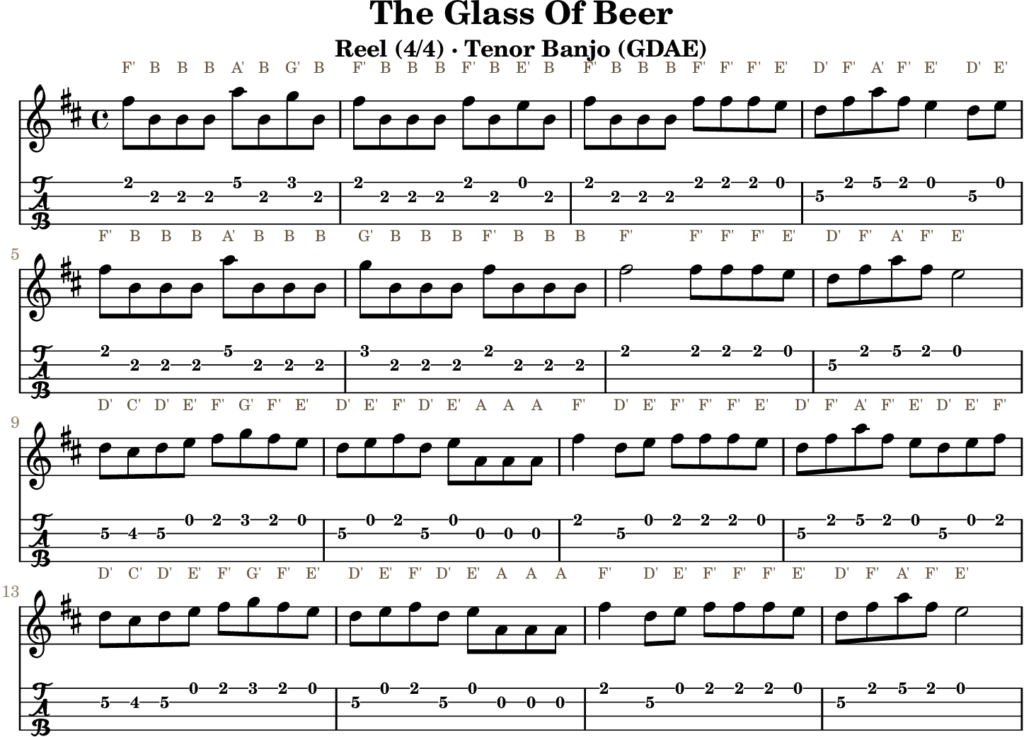 The Glass Of Beer in B Minor — Reel | Tenor Banjo TAB & D Whistle Fingering