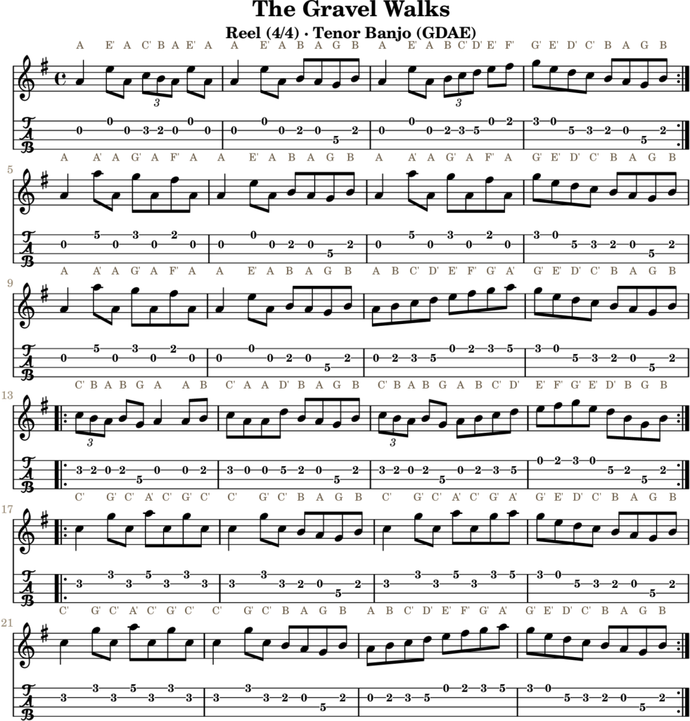 The Gravel Walks in A Dorian — Reel | Tenor Banjo TAB & D Whistle Fingering