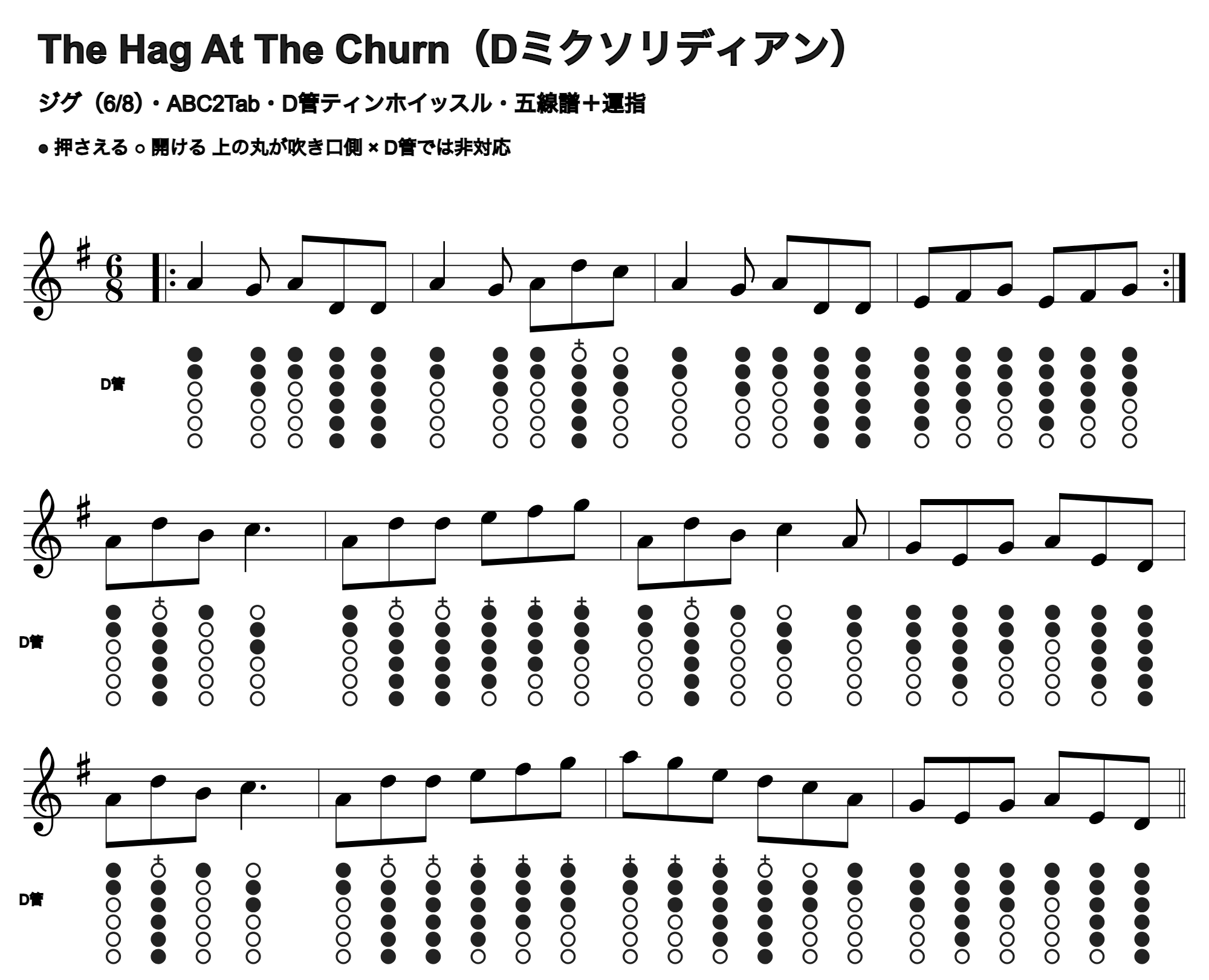 The Hag At The Churnの五線譜とD管ホイッスル運指、1段4小節
