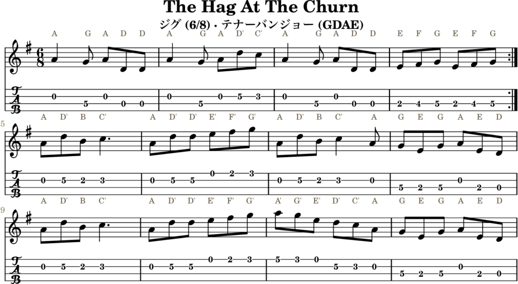 The Hag At The Churn（Dミクソリディアン・Jig）｜バンジョーTABとD管ホイッスル運指