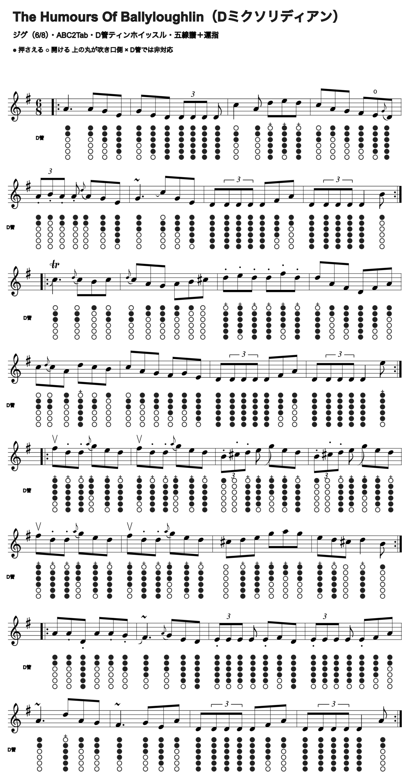 The Humours Of Ballyloughlinの五線譜とD管ホイッスル運指、1段4小節