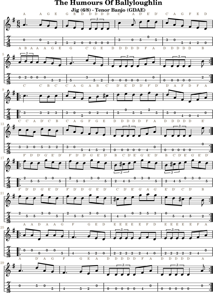 The Humours Of Ballyloughlin in D Mixolydian — Jig | Tenor Banjo TAB & D Whistle Fingering