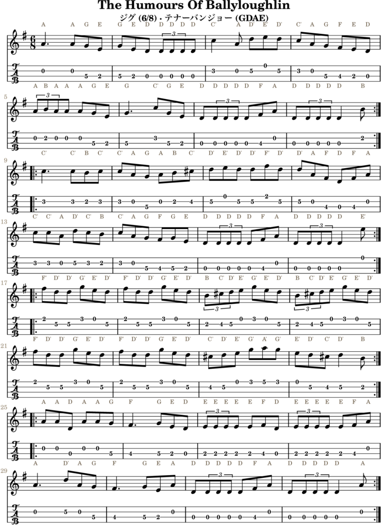 The Humours Of Ballyloughlin(Dミクソリディアン・Jig)|バンジョーTABとD管ホイッスル運指