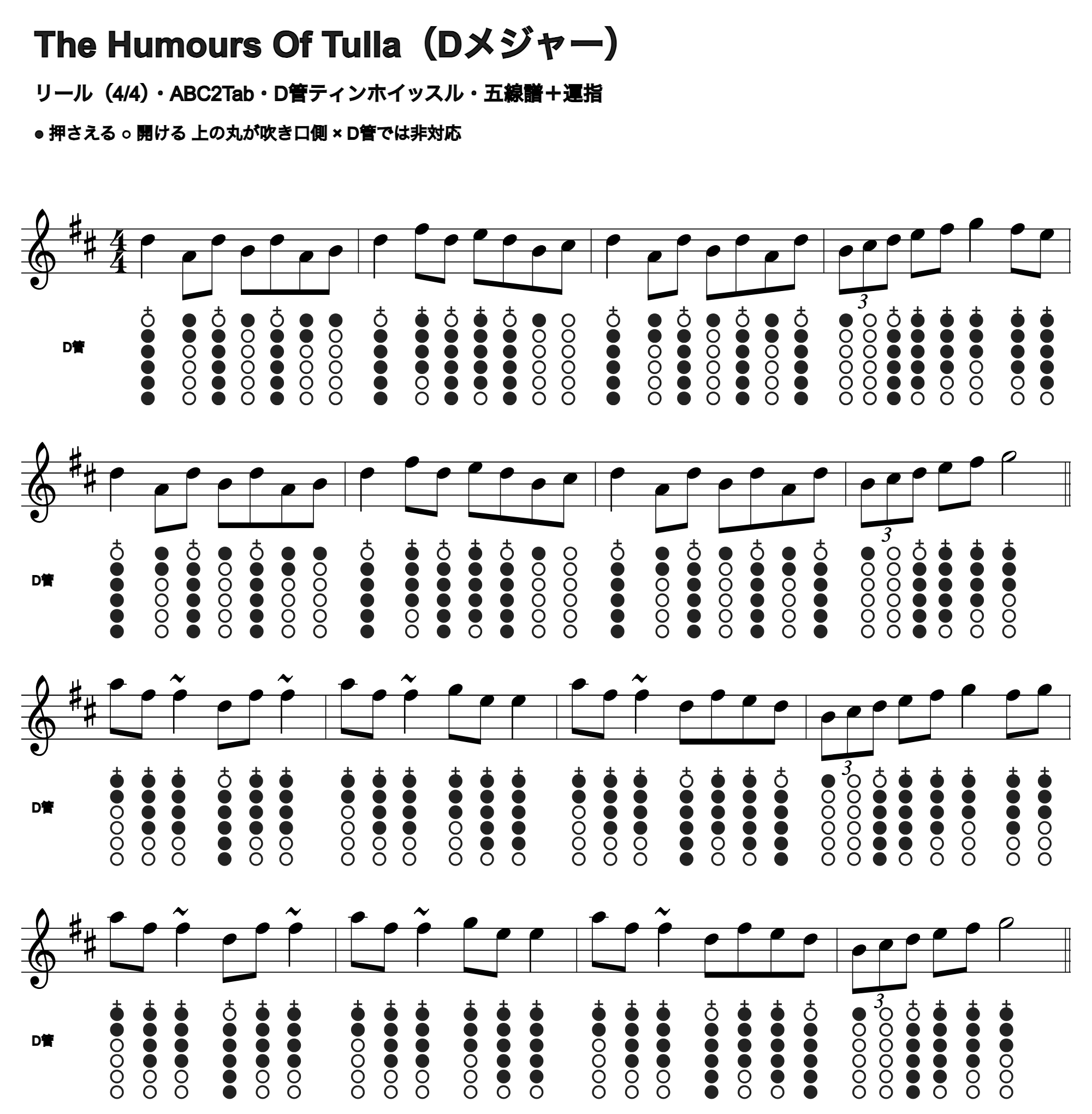 The Humours Of Tullaの五線譜とD管ホイッスル運指、1段4小節