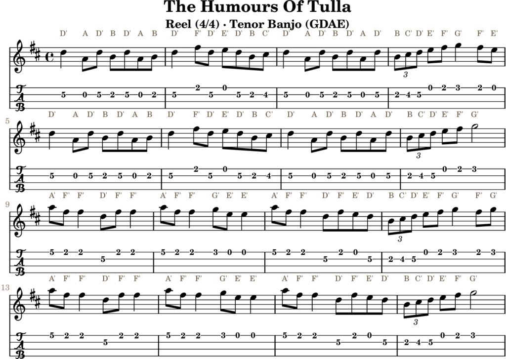 The Humours Of Tulla in D Major — Reel | Tenor Banjo TAB & D Whistle Fingering