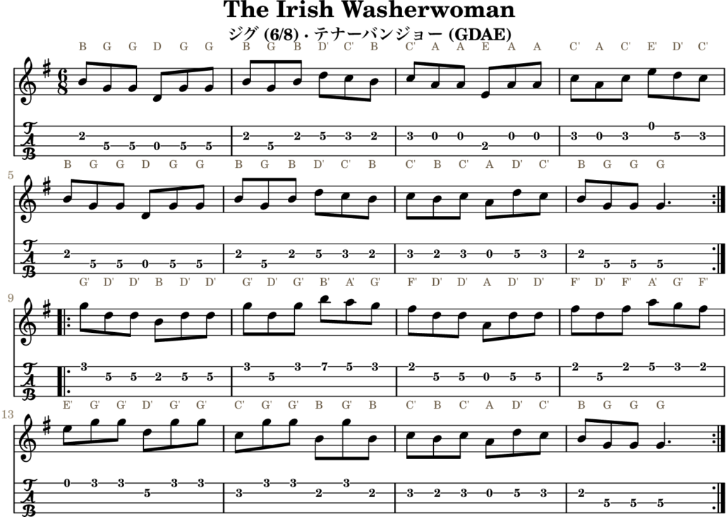 The Irish Washerwoman（Gメジャー・Jig）｜バンジョーTABとD管ホイッスル運指