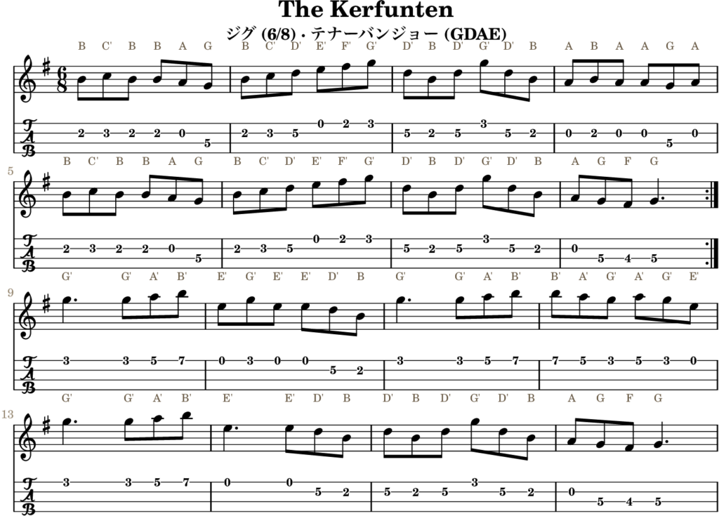 The Kerfunten（Gメジャー・Jig）｜バンジョーTABとD管ホイッスル運指