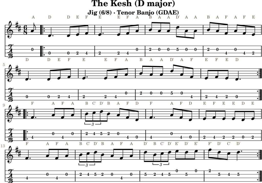 The Kesh（D調・Jig）｜バンジョーTABとD管ホイッスル運指