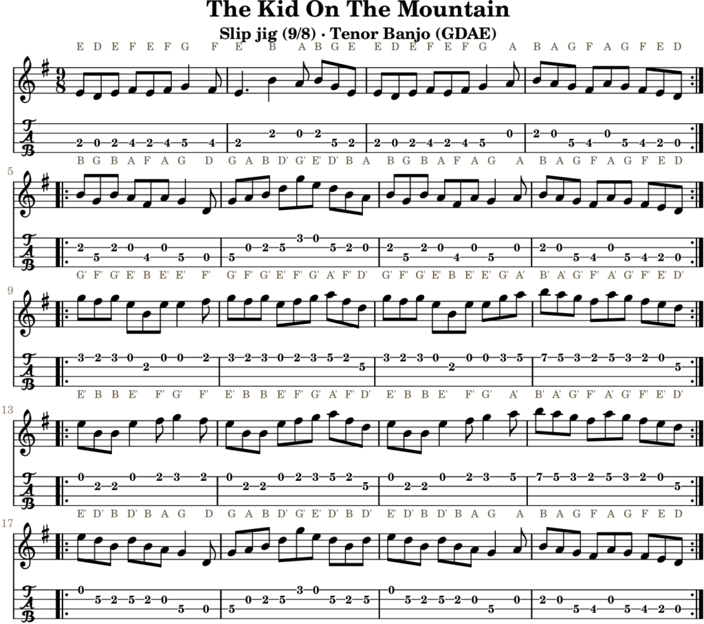 The Kid On The Mountain in G Major — Slip Jig | Tenor Banjo TAB & D Whistle Fingering