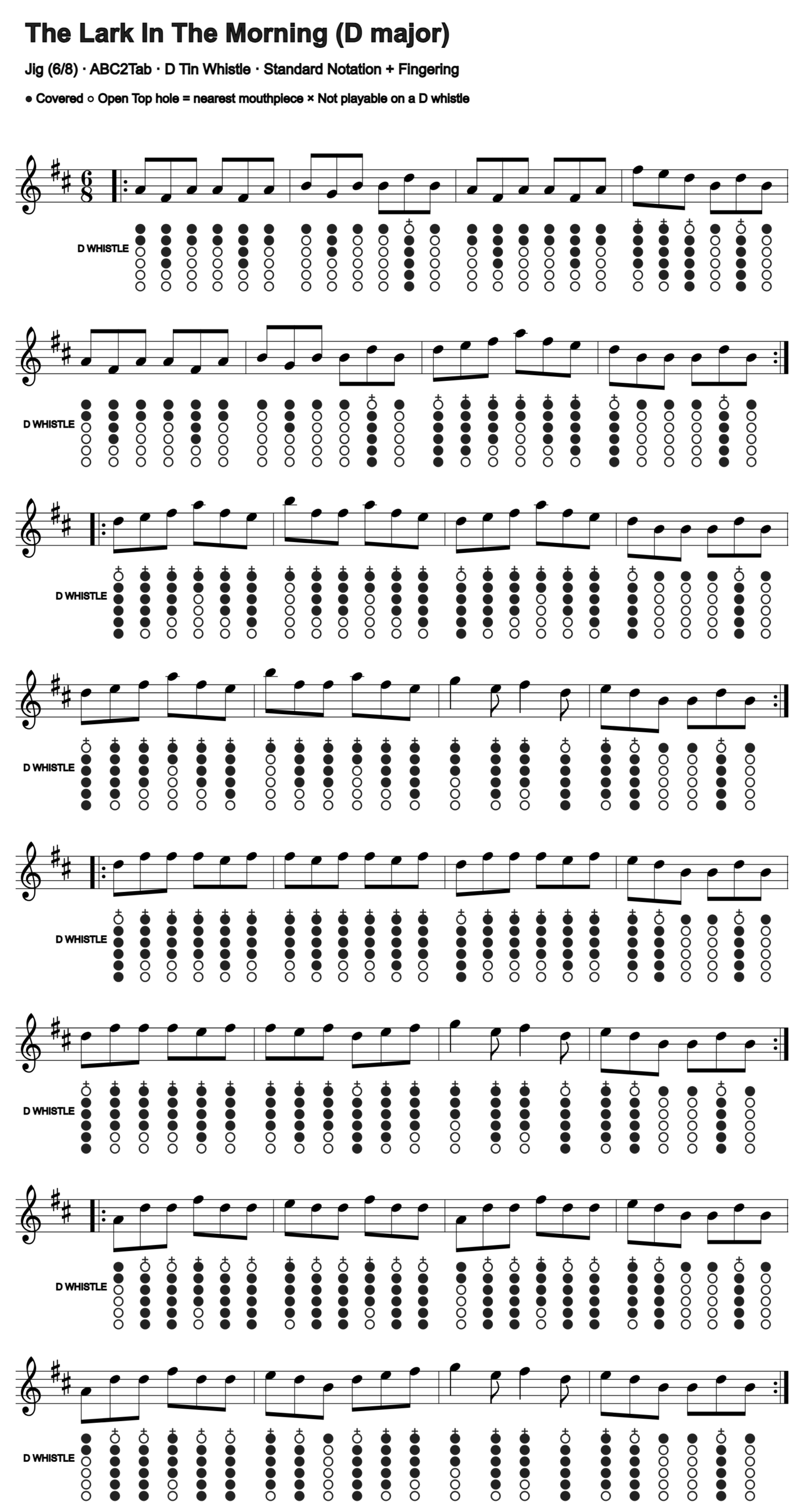 The Lark In The Morning: standard notation and D tin whistle fingering, four measures per line