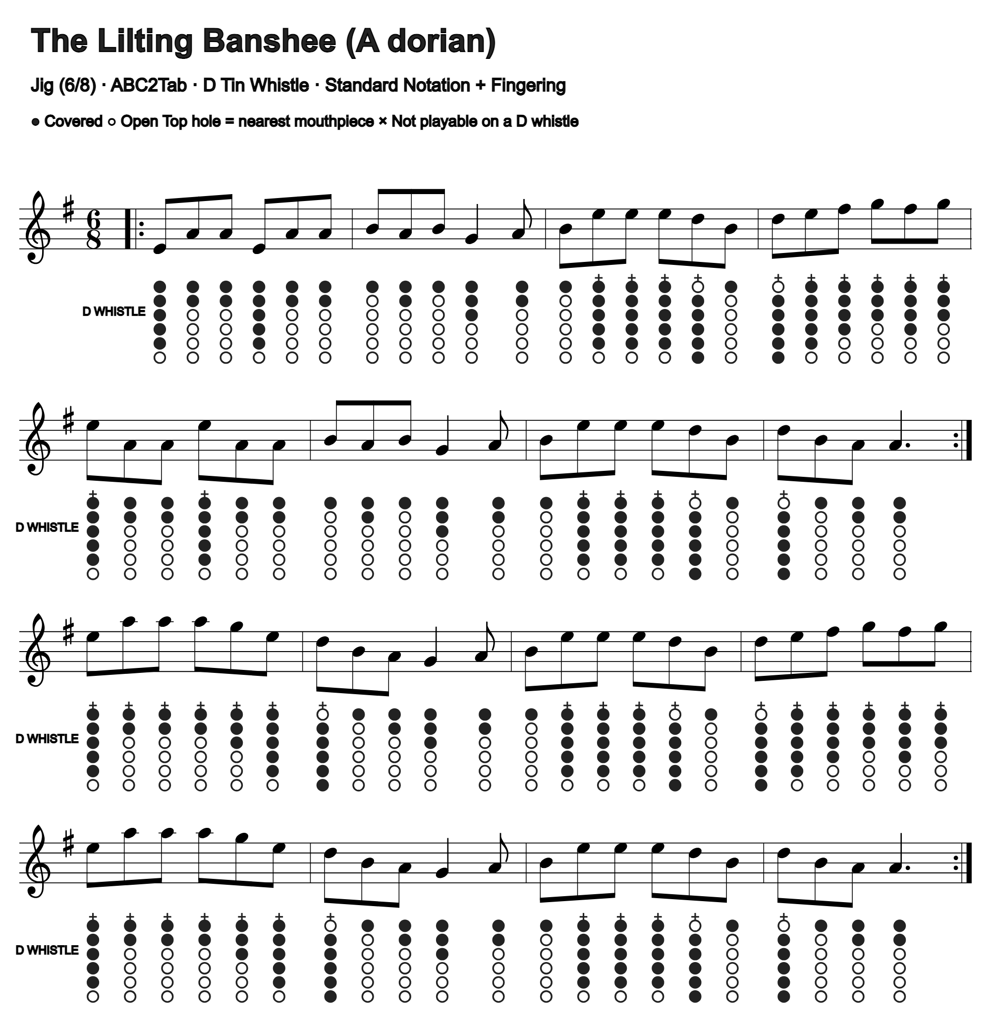 The Lilting Banshee: standard notation and D tin whistle fingering, four measures per line