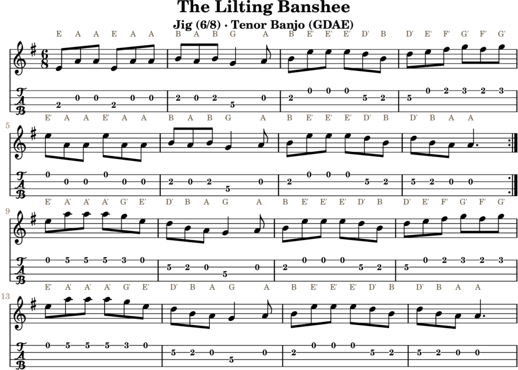 The Lilting Banshee in A Dorian — Jig | Tenor Banjo TAB & D Whistle Fingering
