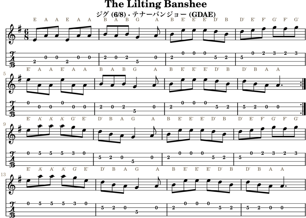 The Lilting Banshee(Aドリアン・Jig)|バンジョーTABとD管ホイッスル運指