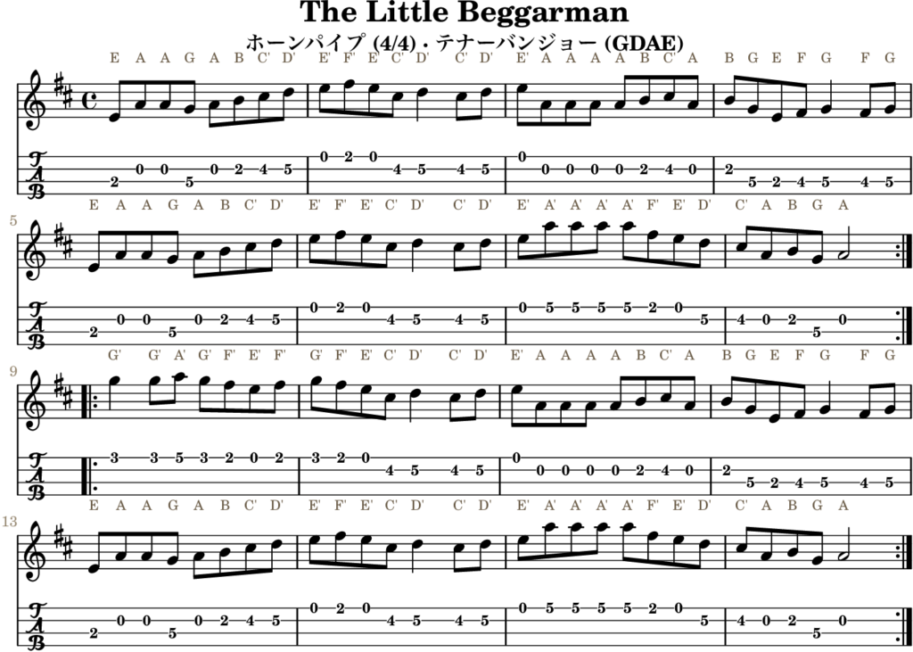 The Little Beggarman（Aミクソリディアン・Hornpipe）｜バンジョーTABとD管ホイッスル運指