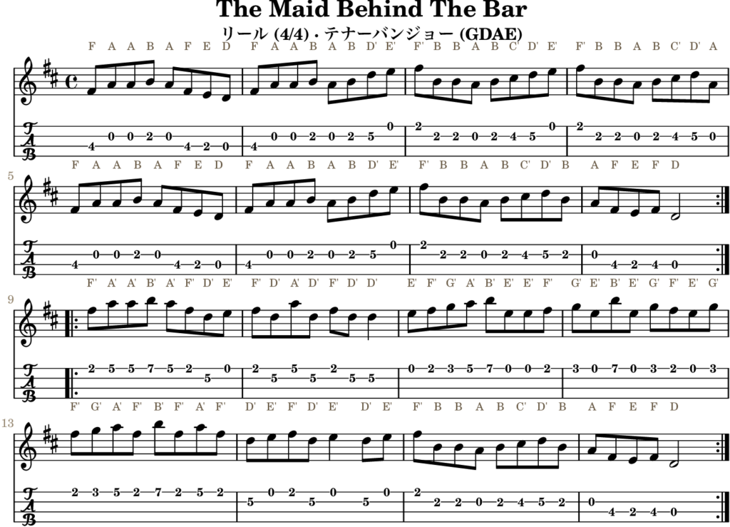 The Maid Behind The Bar（Dメジャー・Reel）｜バンジョーTABとD管ホイッスル運指