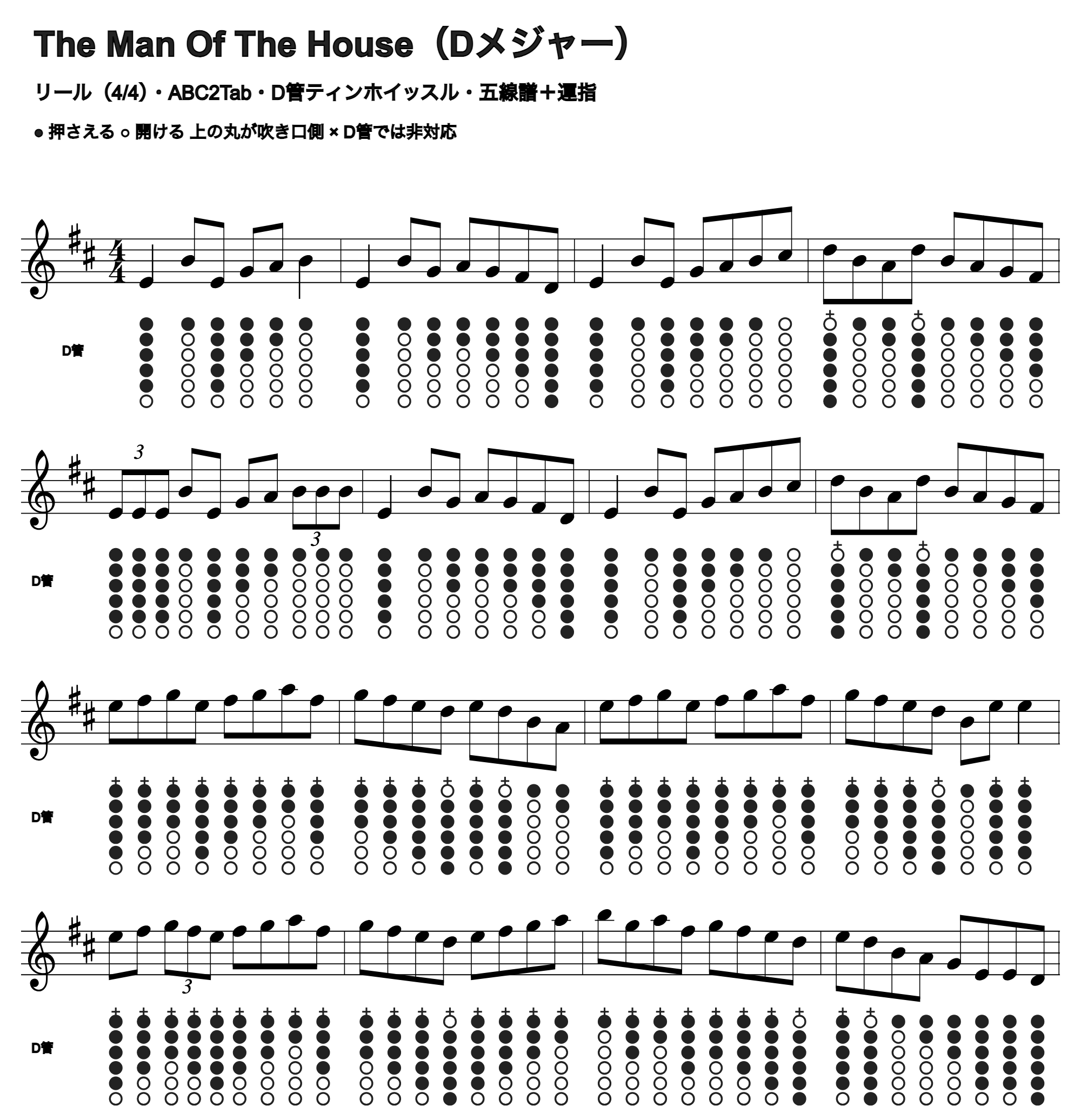 The Man Of The Houseの五線譜とD管ホイッスル運指、1段4小節