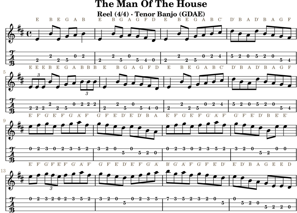 The Man Of The House in D Major — Reel | Tenor Banjo TAB & D Whistle Fingering