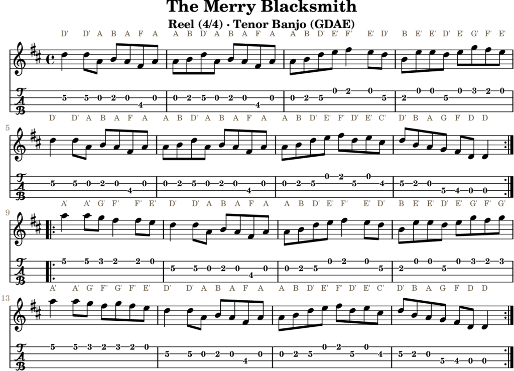 The Merry Blacksmith in D Major — Reel | Tenor Banjo TAB & D Whistle Fingering