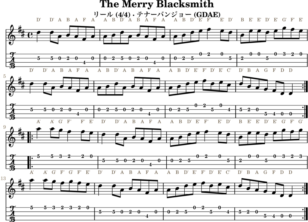 The Merry Blacksmith（Dメジャー・Reel）｜バンジョーTABとD管ホイッスル運指