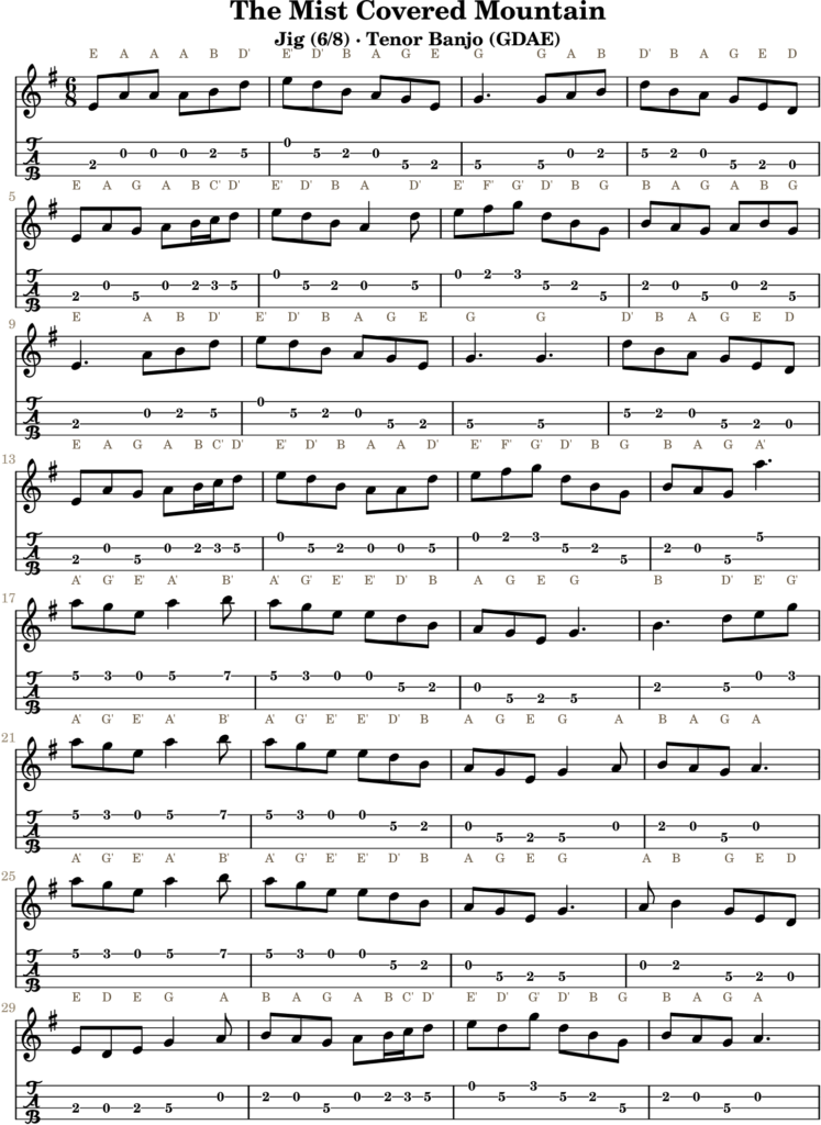 The Mist Covered Mountain in A Dorian — Jig | Tenor Banjo TAB & D Whistle Fingering