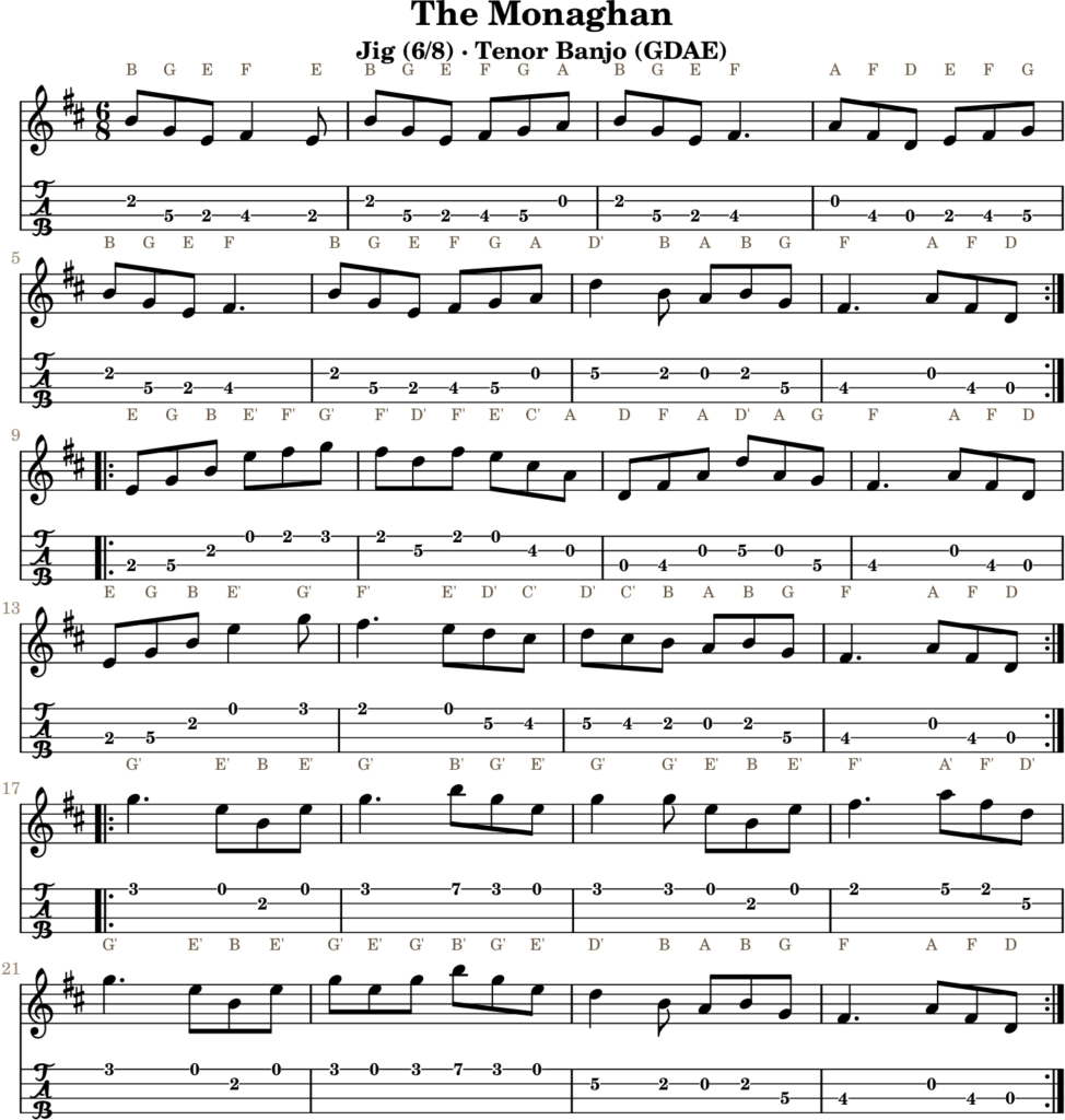 The Monaghan in D Major — Jig | Tenor Banjo TAB & D Whistle Fingering