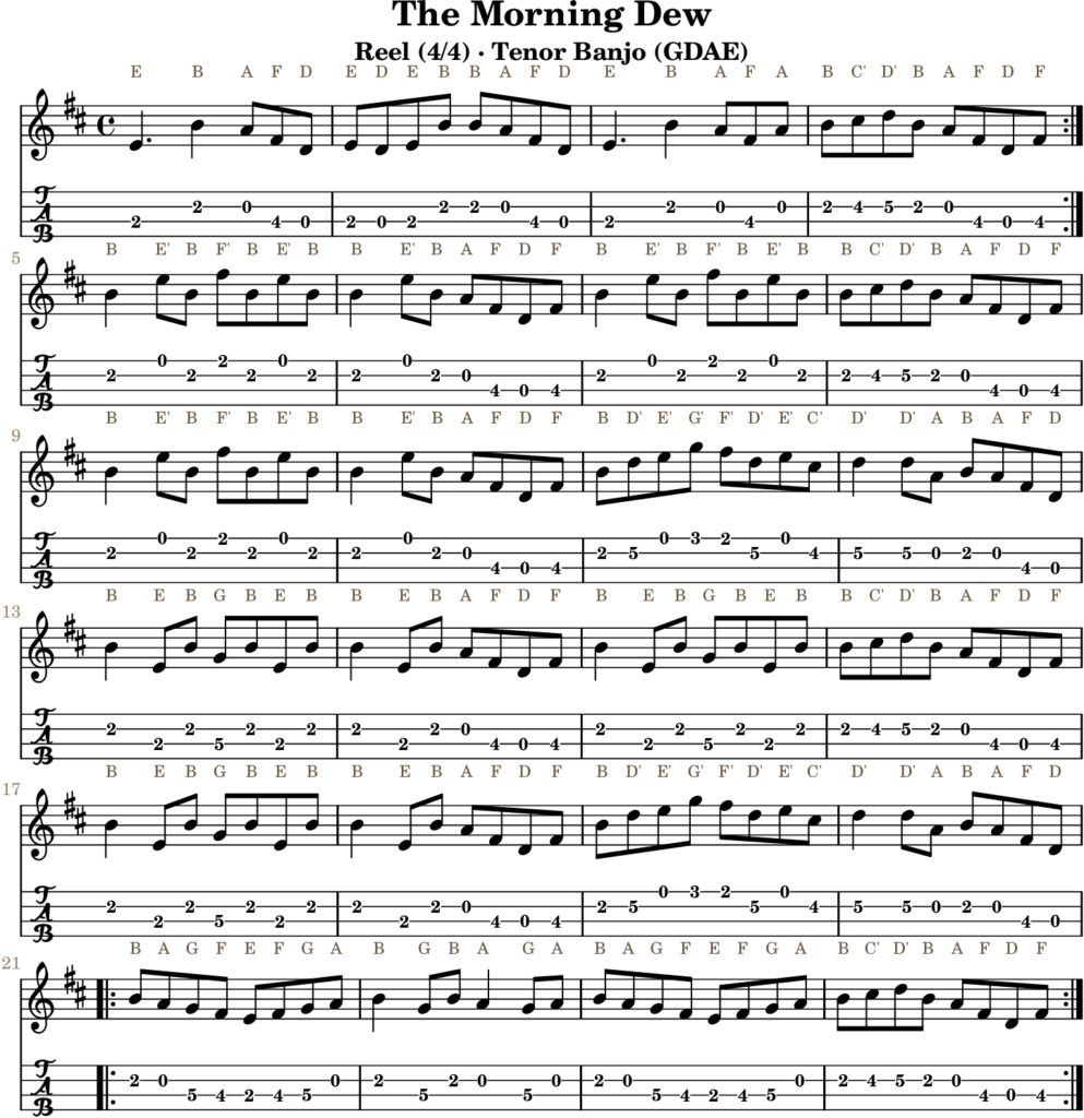 The Morning Dew in E Dorian — Reel | Tenor Banjo TAB & D Whistle Fingering