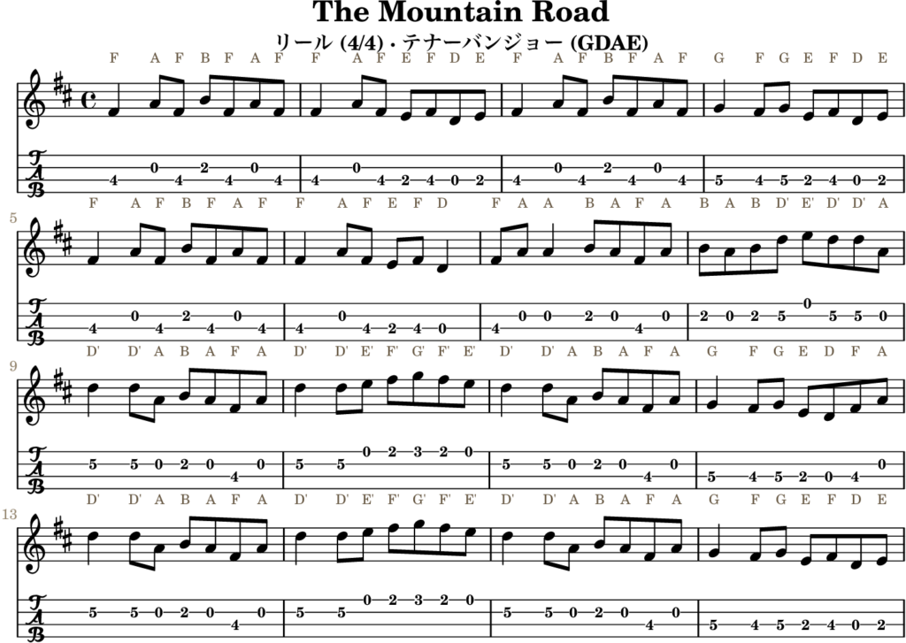 The Mountain Road(Dメジャー・Reel)|バンジョーTABとD管ホイッスル運指