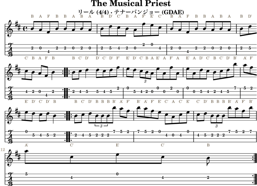 The Musical Priest(Dメジャー・Reel)|バンジョーTABとD管ホイッスル運指