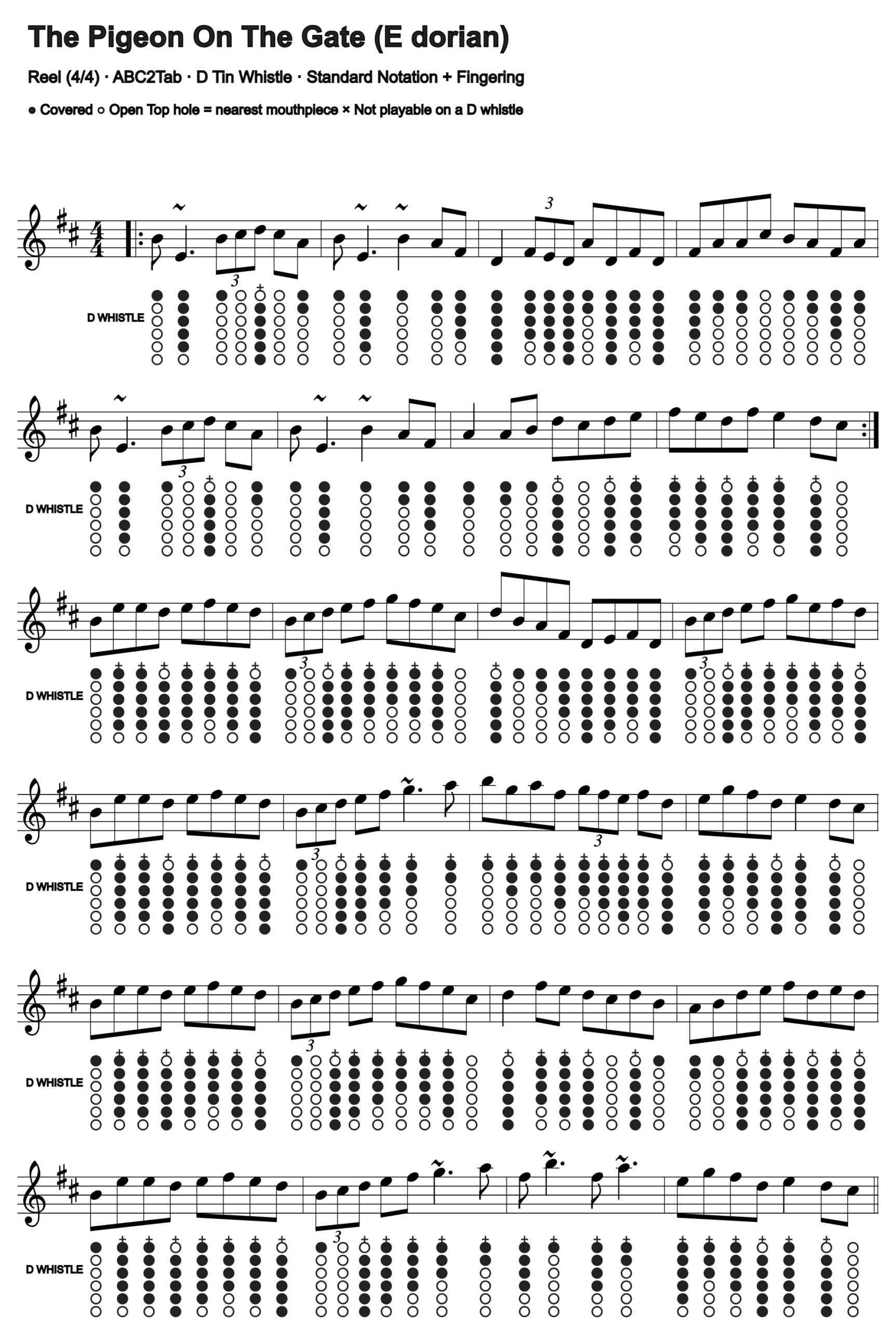 The Pigeon On The Gate: standard notation and D tin whistle fingering, four measures per line