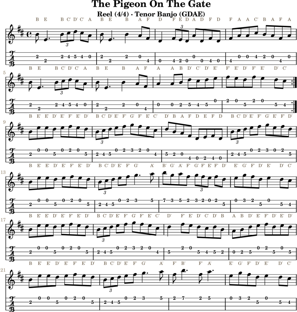 The Pigeon On The Gate in E Dorian — Reel | Tenor Banjo TAB & D Whistle Fingering