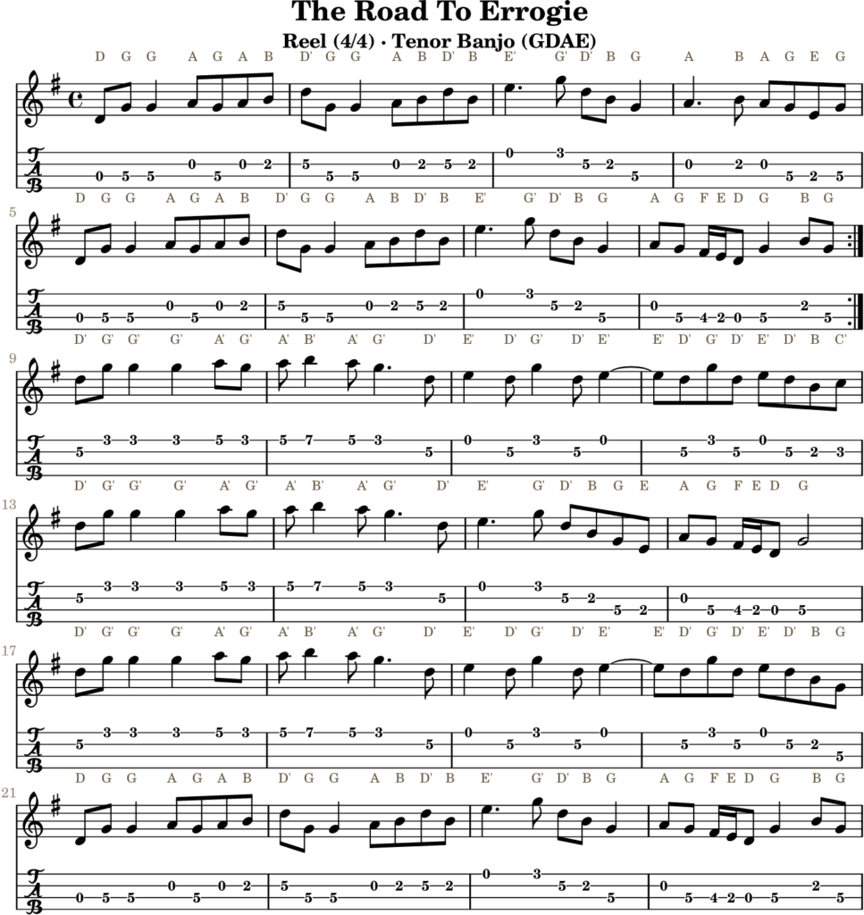 The Road To Errogie in G Major — Reel | Tenor Banjo TAB & D Whistle Fingering