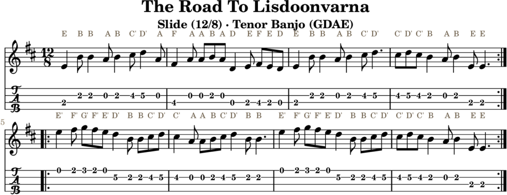 The Road To Lisdoonvarna in E Dorian — Slide | Tenor Banjo TAB & D Whistle Fingering