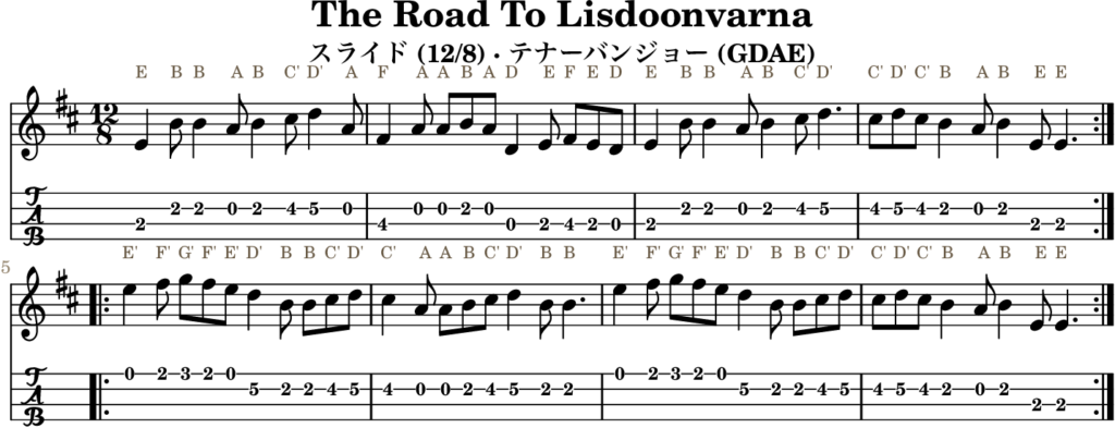 The Road To Lisdoonvarna（Eドリアン・Slide）｜バンジョーTABとD管ホイッスル運指