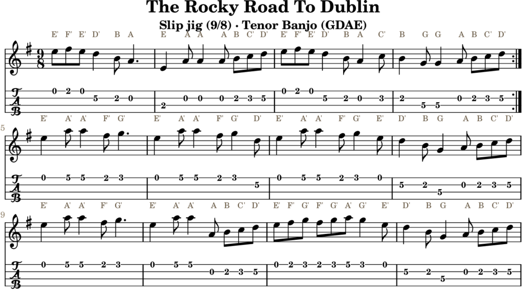The Rocky Road To Dublin in A Dorian — Slip Jig | Tenor Banjo TAB & D Whistle Fingering
