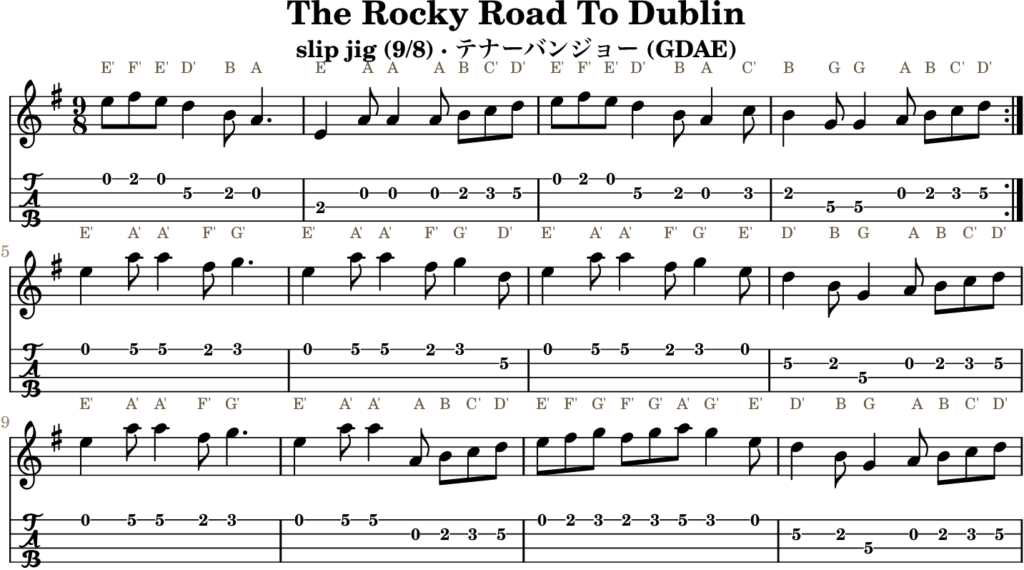 The Rocky Road To Dublin（Aドリアン・Slip Jig）｜バンジョーTABとD管ホイッスル運指