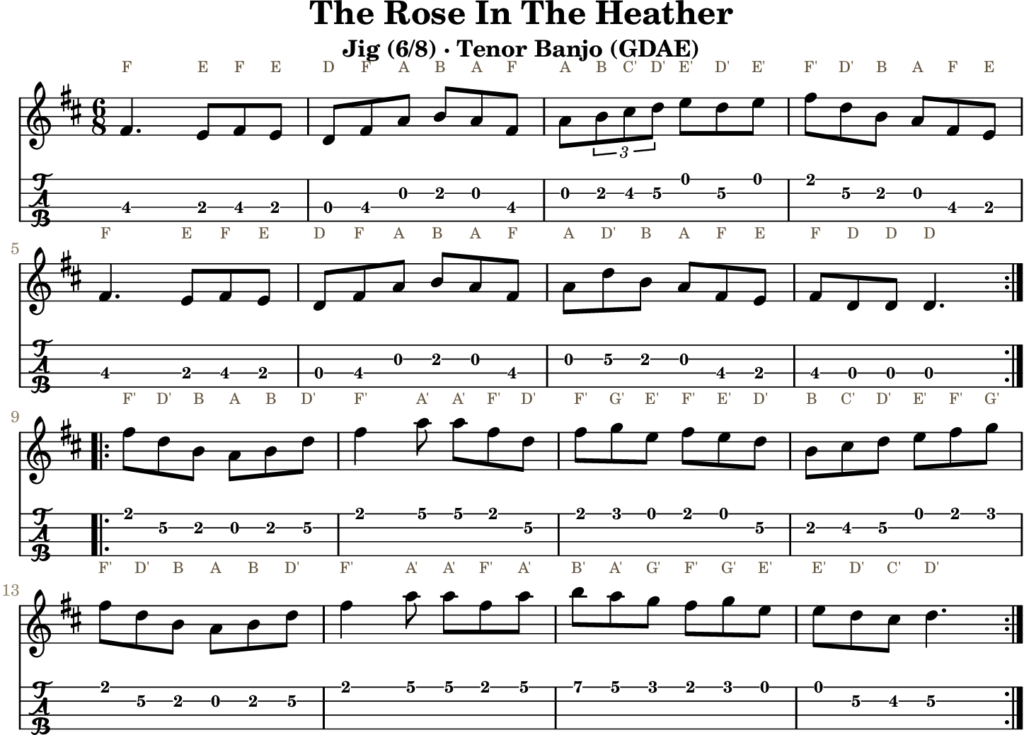 The Rose In The Heather in D Major — Jig | Tenor Banjo TAB & D Whistle Fingering