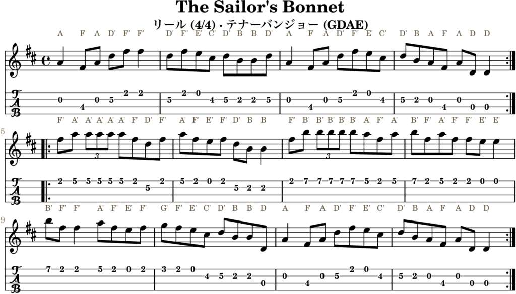 The Sailor’s Bonnet（Dメジャー・Reel）｜バンジョーTABとD管ホイッスル運指