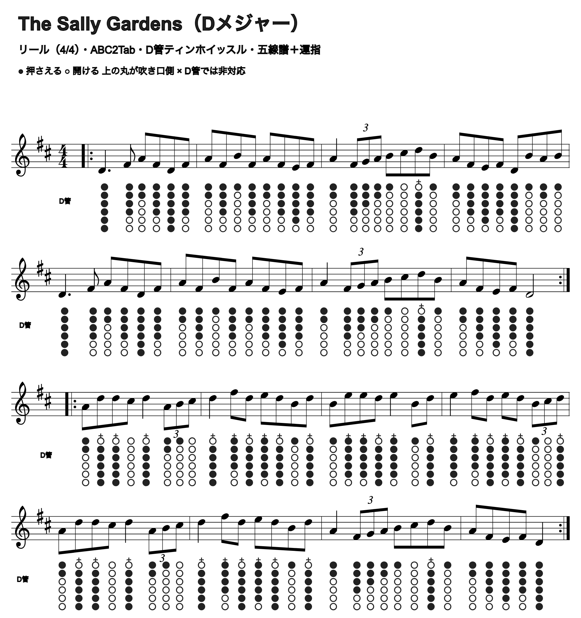 The Sally Gardensの五線譜とD管ホイッスル運指、1段4小節