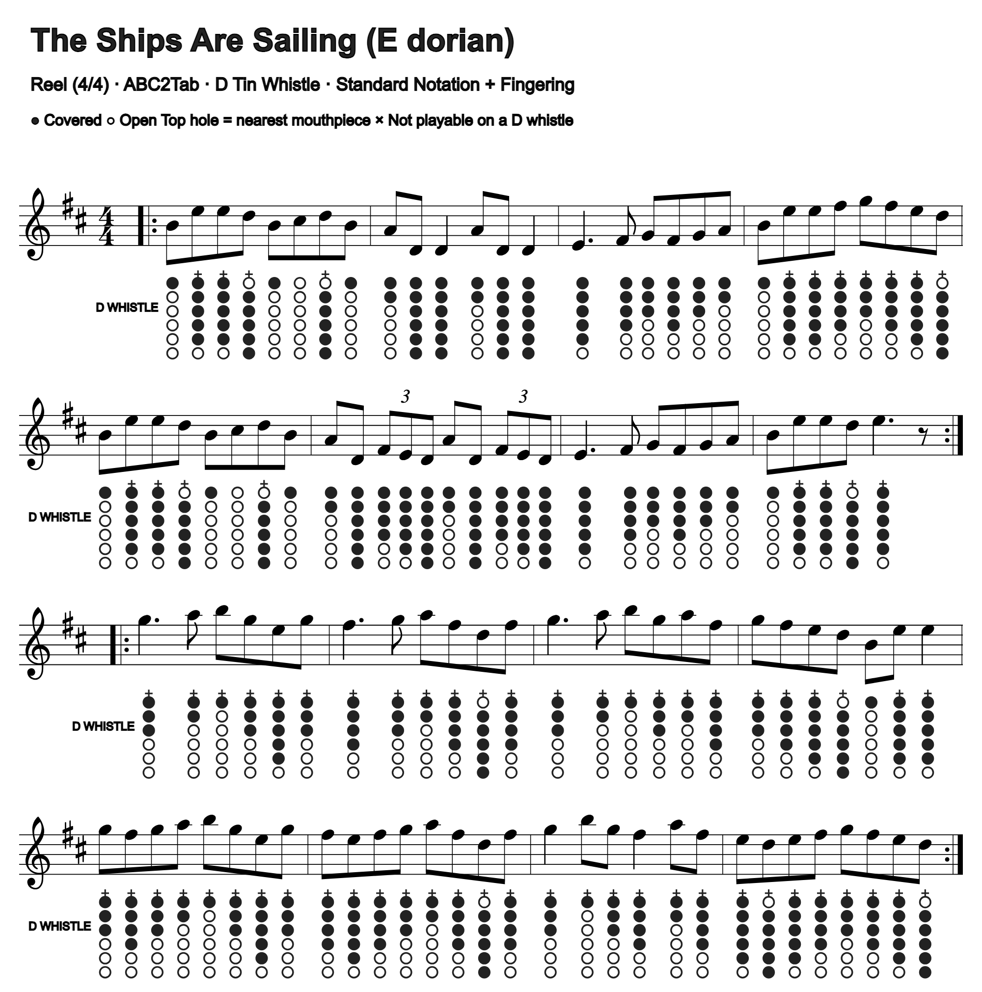 The Ships Are Sailing: standard notation and D tin whistle fingering, four measures per line