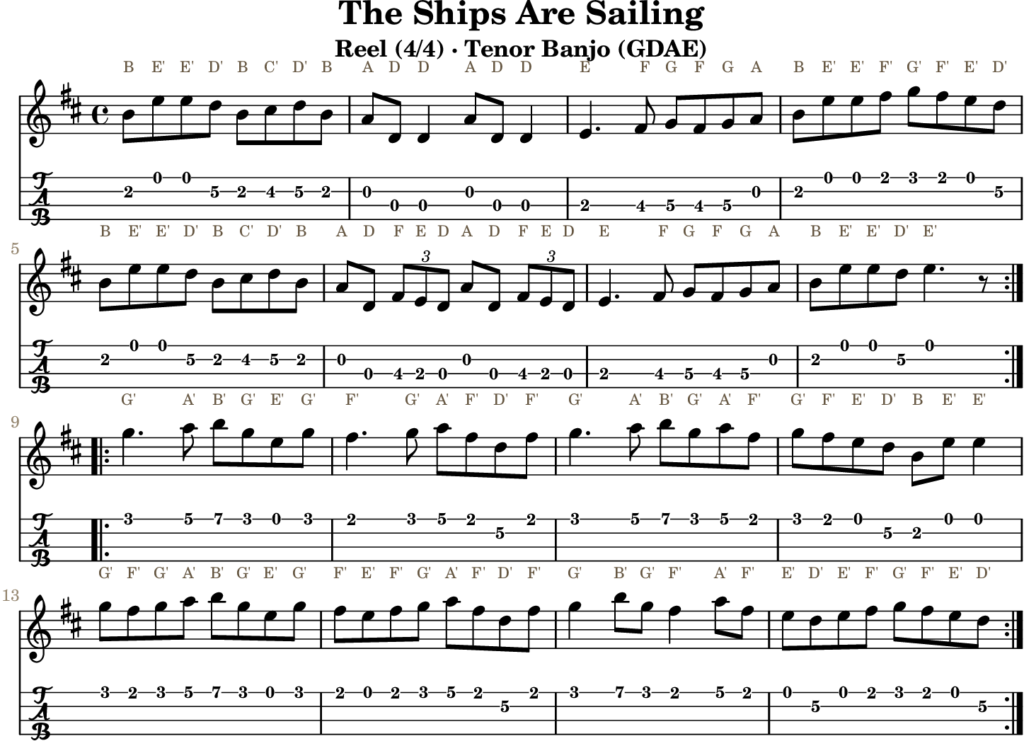The Ships Are Sailing in E Dorian — Reel | Tenor Banjo TAB & D Whistle Fingering