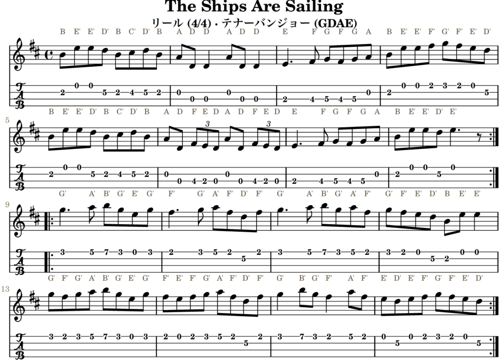 The Ships Are Sailing（Eドリアン・Reel）｜バンジョーTABとD管ホイッスル運指