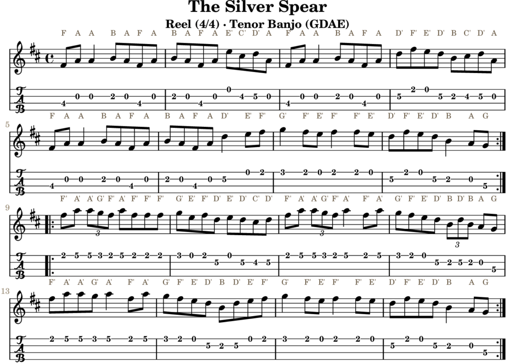 The Silver Spear in D — Reel | Tenor Banjo TAB & D Whistle Fingering