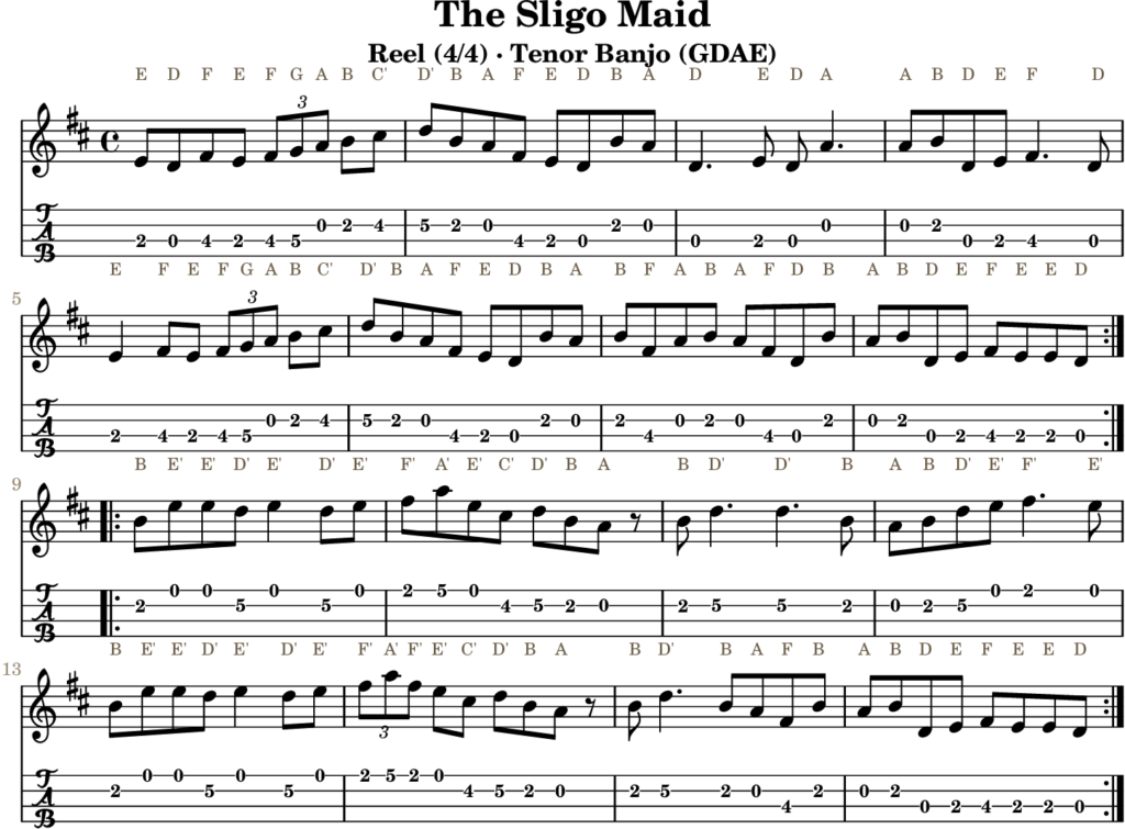 The Sligo Maid in E Dorian — Reel | Tenor Banjo TAB & D Whistle Fingering