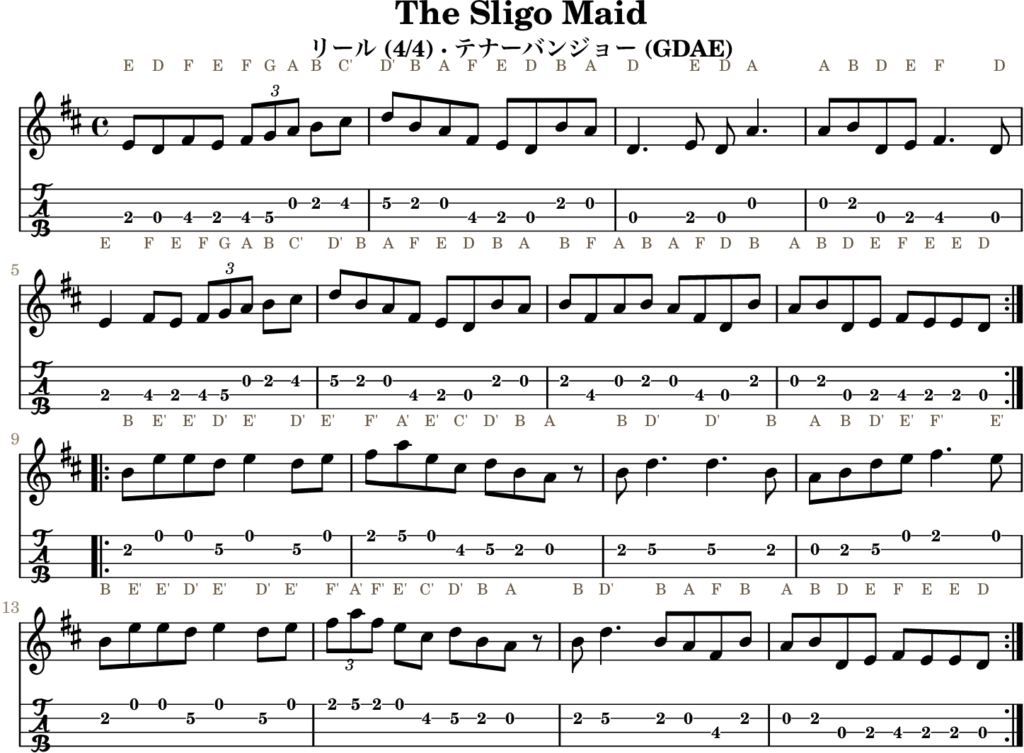 The Sligo Maid（Eドリアン・Reel）｜バンジョーTABとD管ホイッスル運指