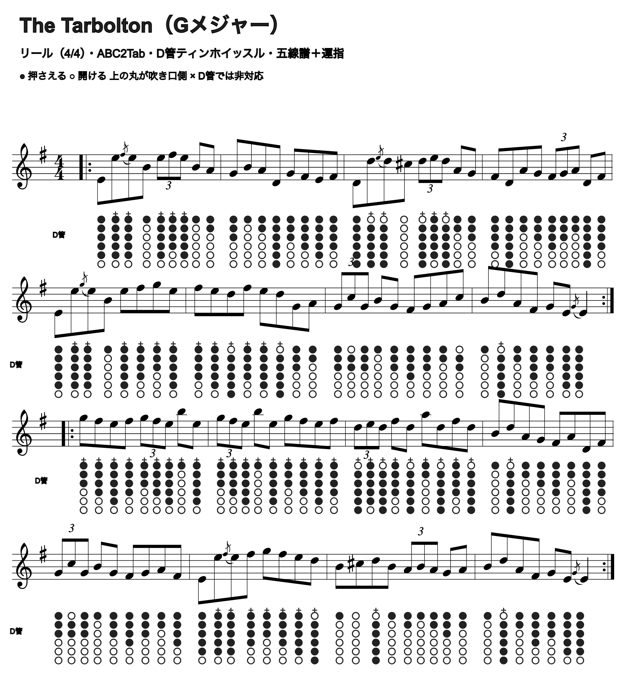 The Tarboltonの五線譜とD管ホイッスル運指、1段4小節